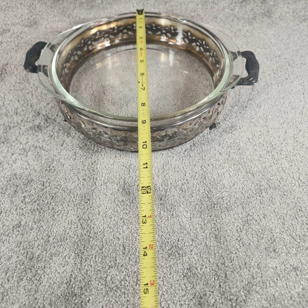 Vintage Silver Plate Pierced Pyrex Casserole Dish Holder with Glass‎ Insert